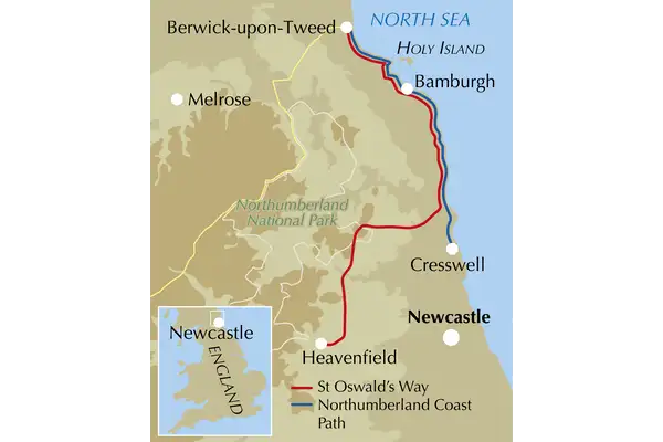 Walking St Oswald's Way and Northumberland Coast Path - Location Map