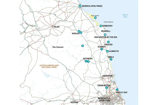 Short Walks in Northumberland: Wooler, Rothbury, Alnwick and the coast - Overview Map